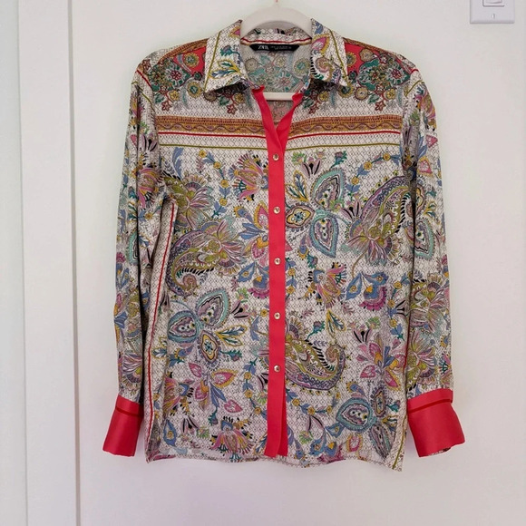 Zara Paisley Floral Silky Satin Printed Shirt  Blouse Size XS Blogger favorite - Picture 2 of 8